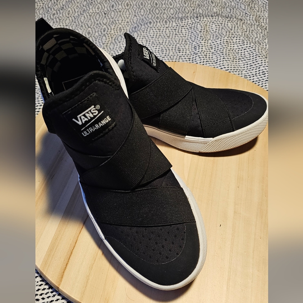 Vans Ultrarange Black and White Slip-On Athletic Shoes